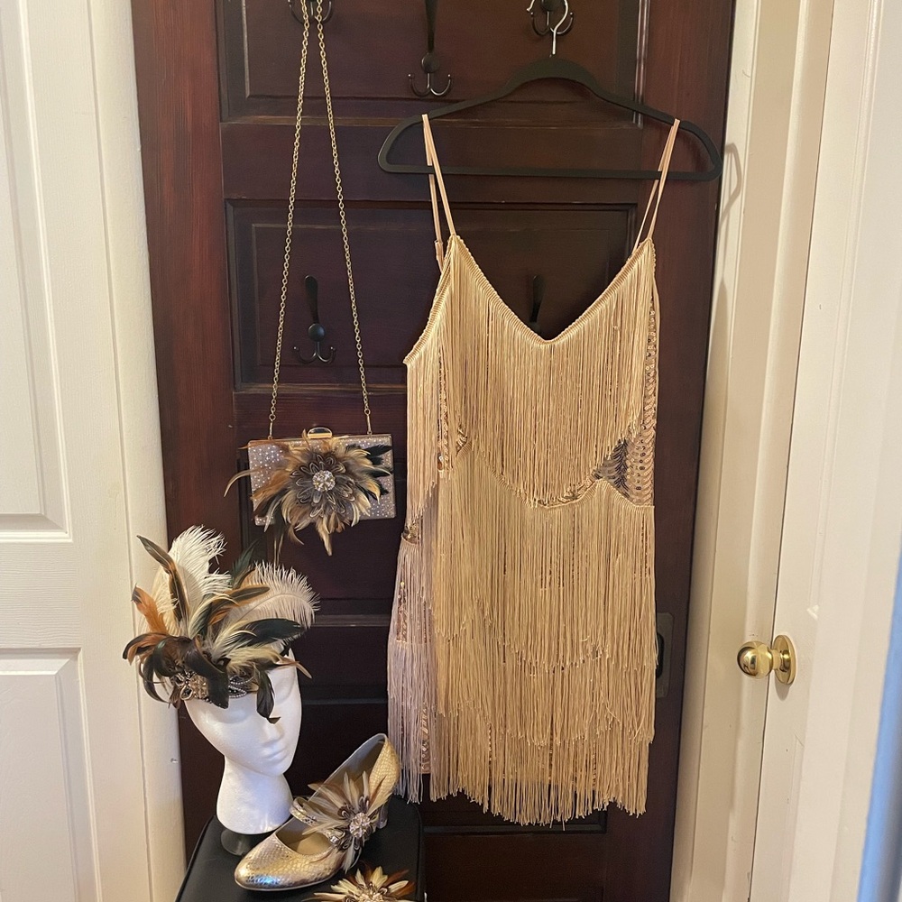1920’s flapper outfit w/ beaded and feathered accessories Lulu's sequin fringe